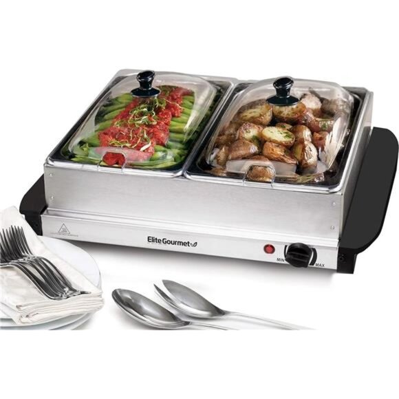 Dual 2x2.5 Qt. Trays,Buffet Server,Food Warmer Temperature Control,Clear Slotted - Picture 1 of 7